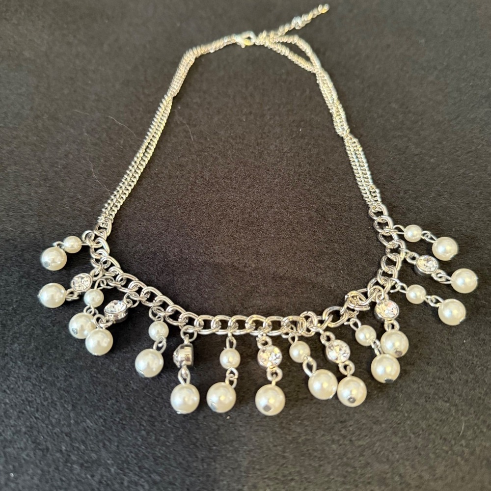 Pearl Drop‎ Necklace Silver Tone Chain Delicate Rhinestone Women's Jewelry